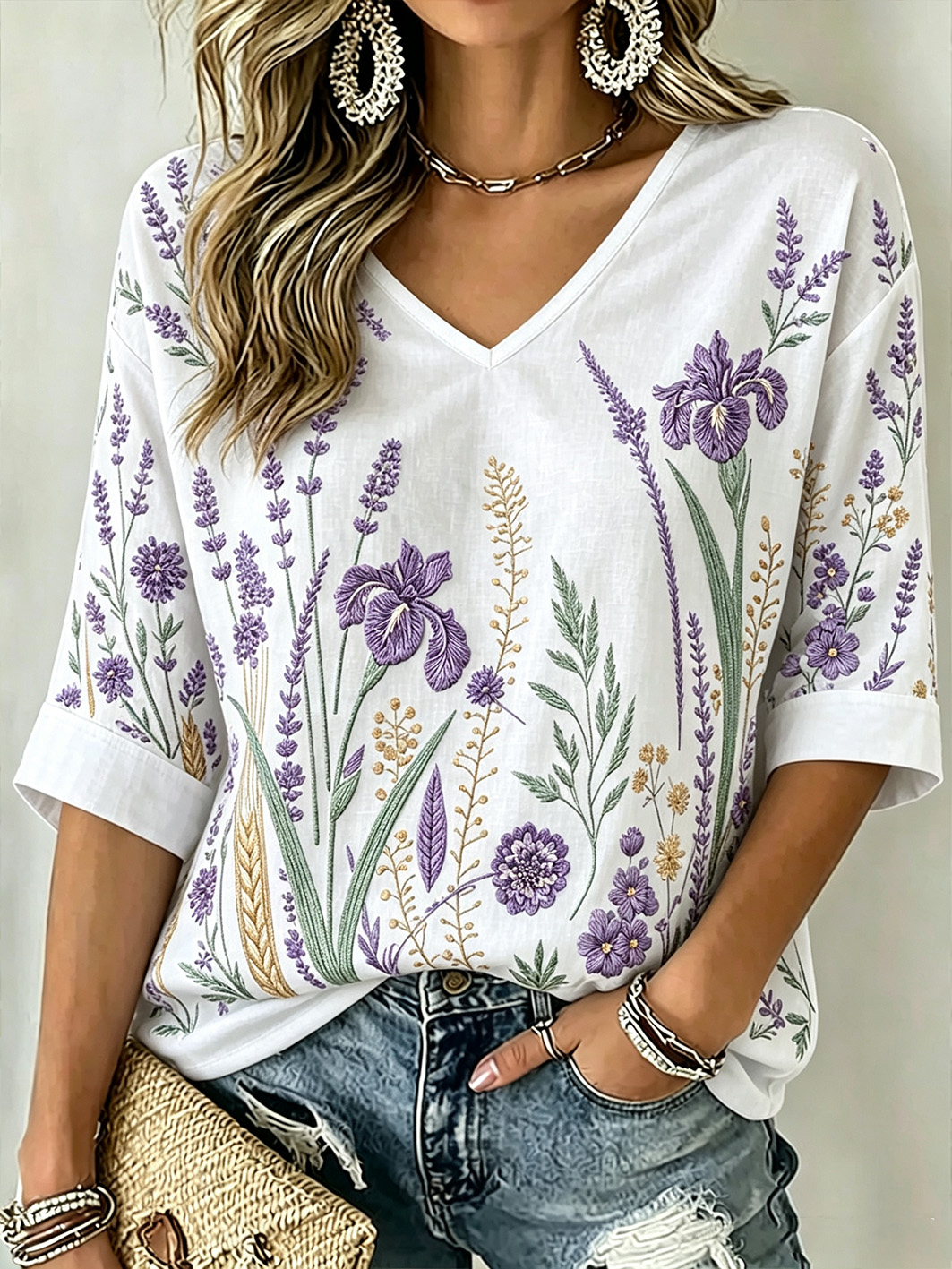 Women's Purple Plant Pattern Printed Mid-length Sleeves V-Neck T-Shirt