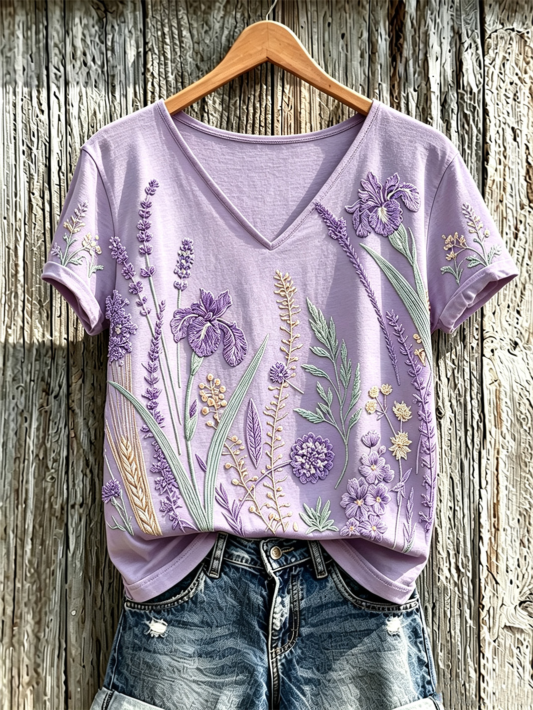 Women's purple plant flower pattern printed casual T-shirt