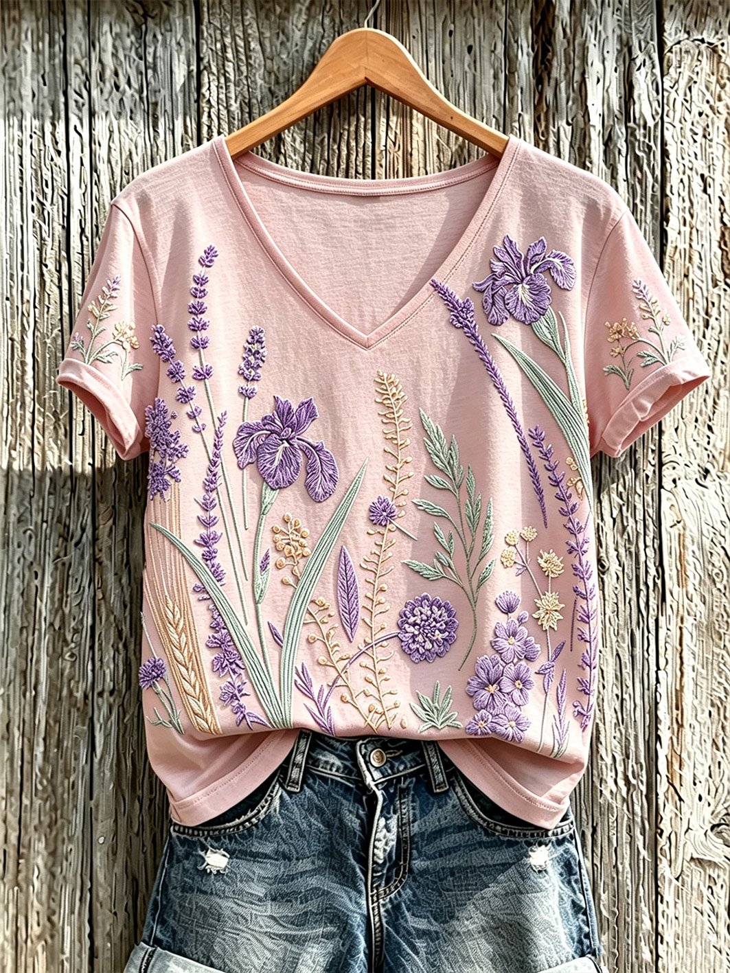 Women's purple plant flower pattern printed casual T-shirt