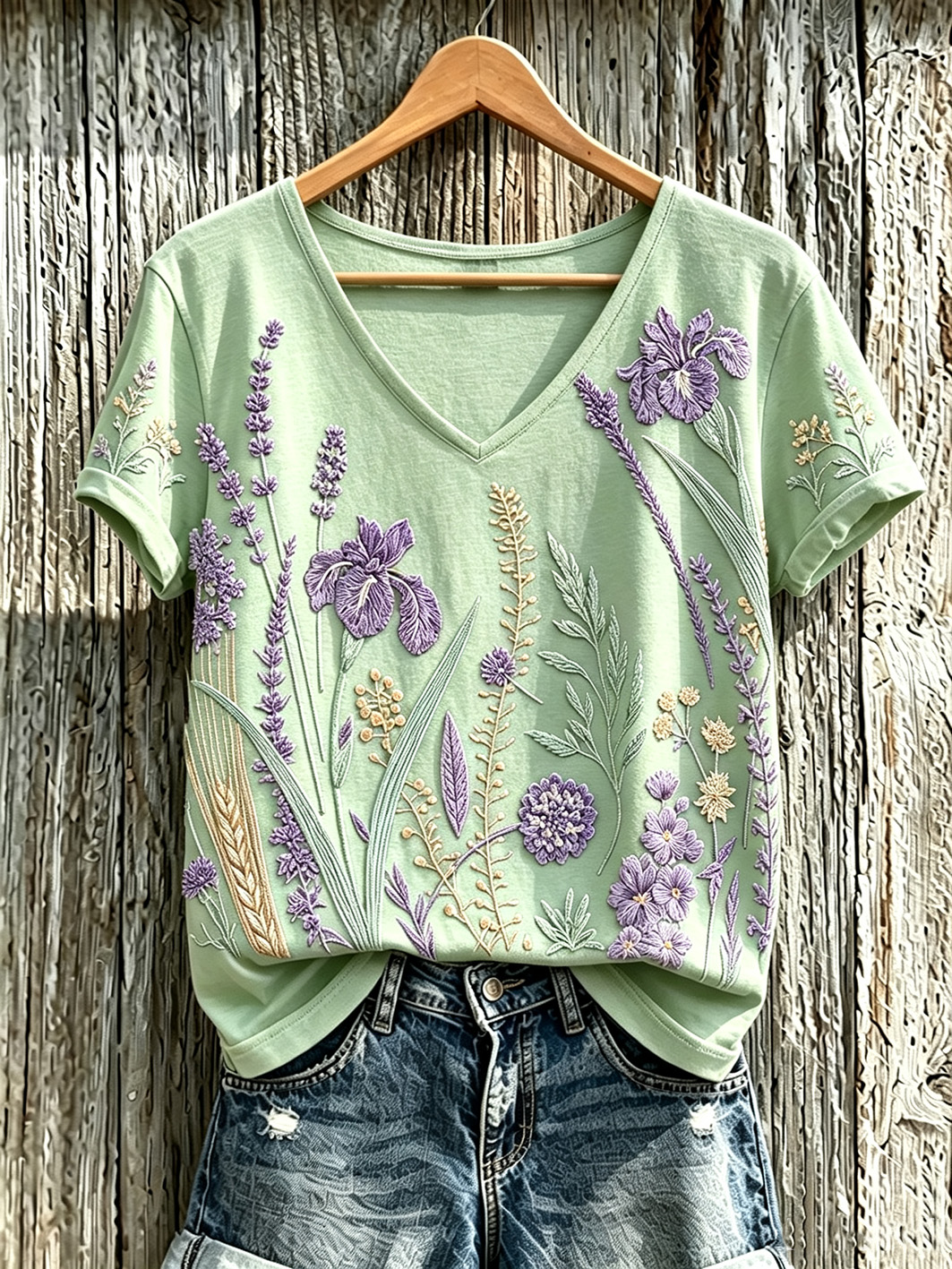 Women's purple plant flower pattern printed casual T-shirt
