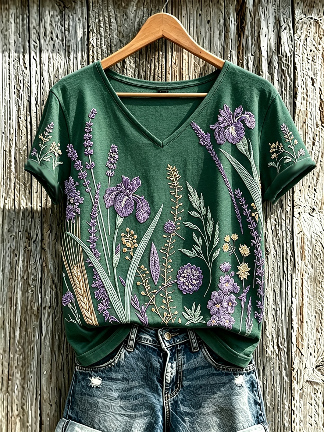 Women's purple plant flower pattern printed casual T-shirt