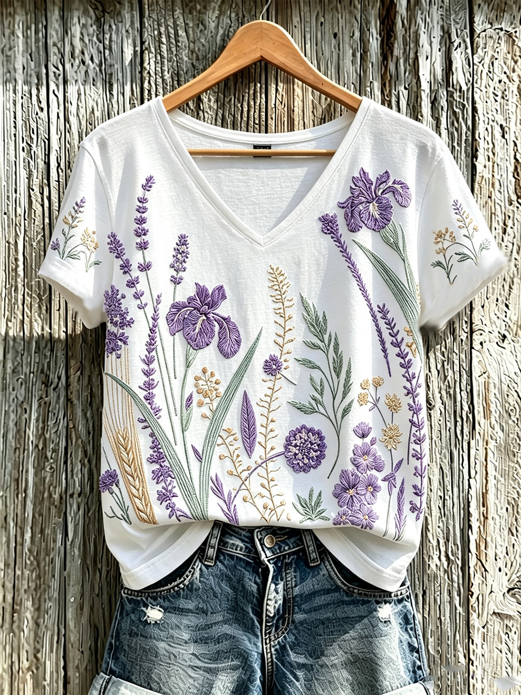 Women's purple plant flower pattern printed casual T-shirt