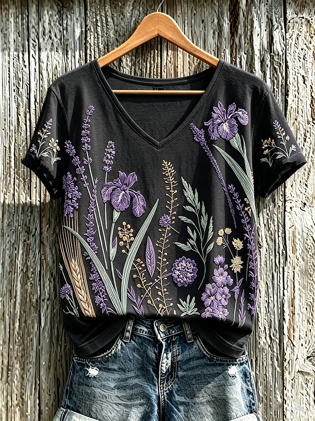 Women's purple plant flower pattern printed casual T-shirt