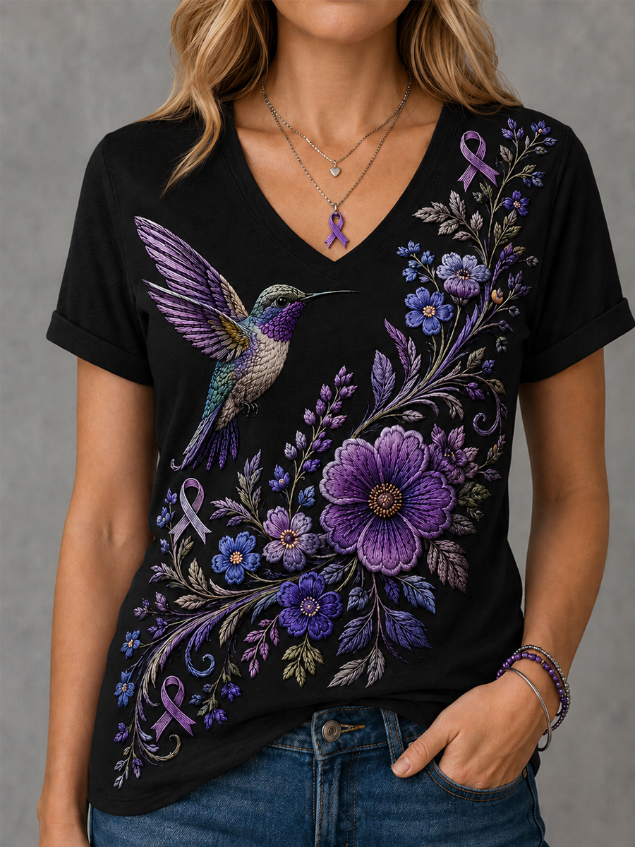 Women's Purple Floral & Hummingbird Print Alzheimer's Awareness Support V-Neck Tee