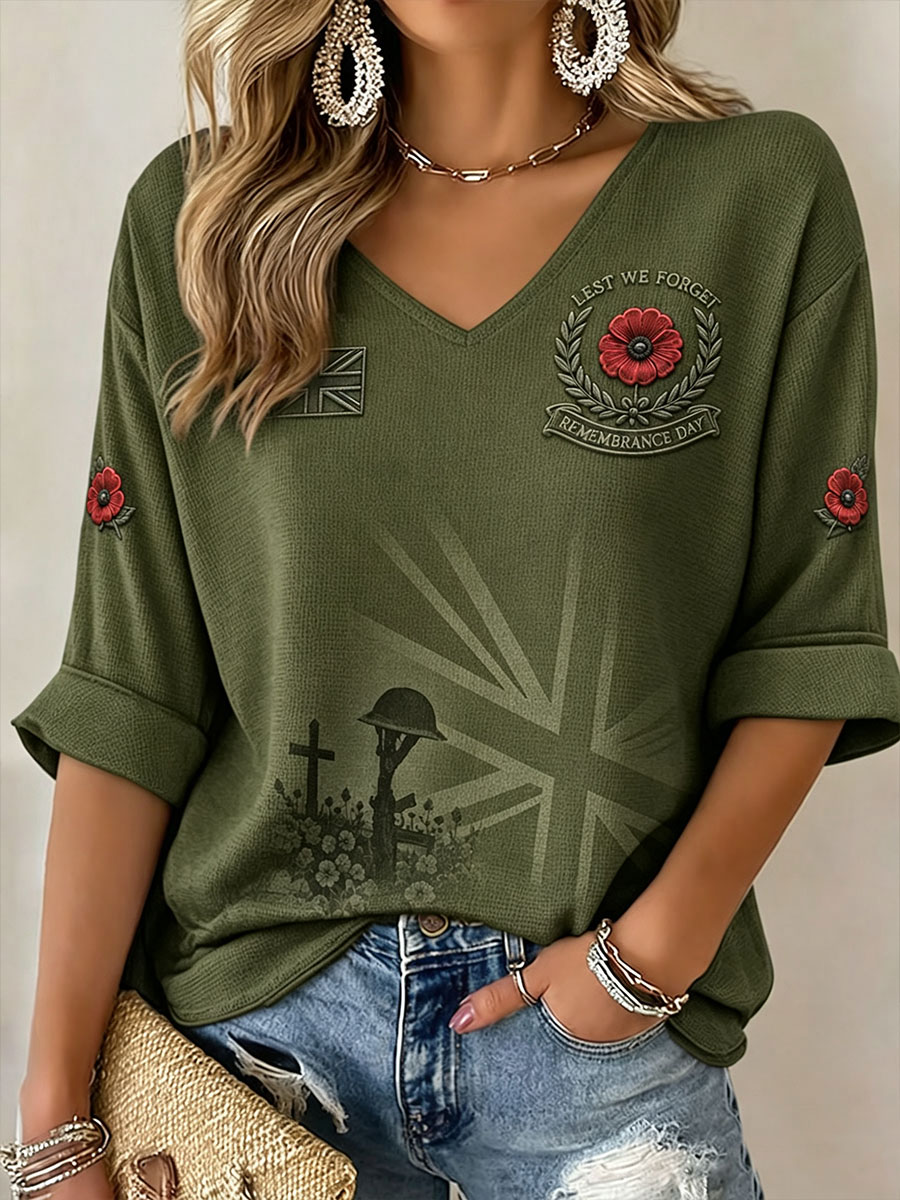 Women's Lest We Forget Print Mid-length Sleeves V-Neck T-Shirt