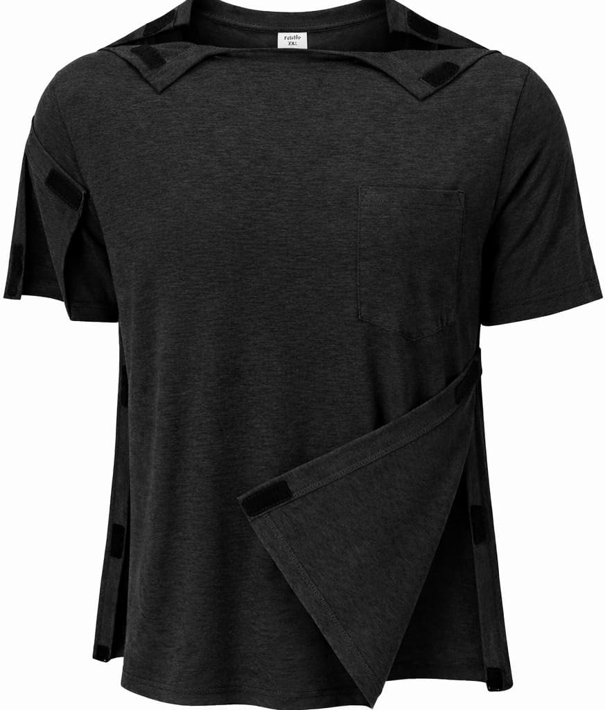 Men’s Shoulder Surgery Shirt Full Open Side Shoulder Access Short Sleeve Recovery Top Hook and Loop Closure S–2XL