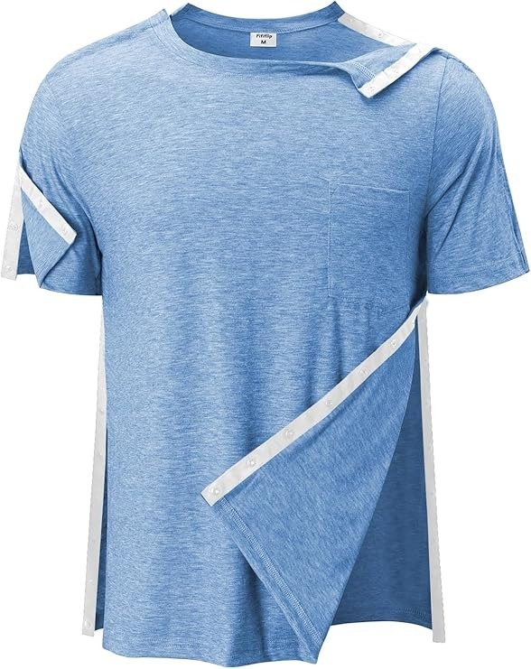 Men's Post Shoulder Surgery Shirts Tear Away Recovery Short Sleeve Full Open Side Snap Chemo Shirt Adaptive Clothing