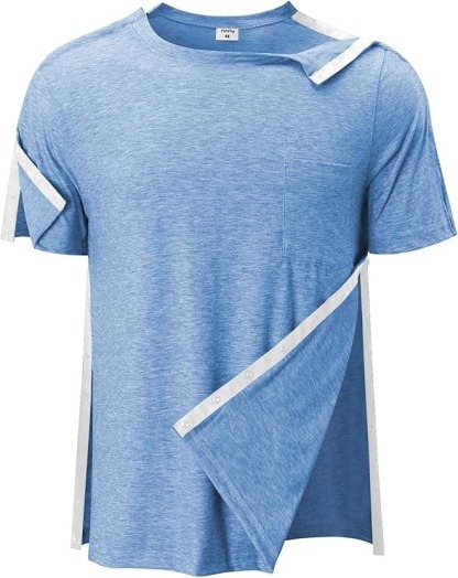 Men's Post Shoulder Surgery Shirts Tear Away Recovery Short Sleeve Full Open Side Snap Chemo Shirt Adaptive Clothing