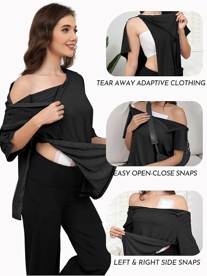 Women's Post Surgery Shirts 3/4 Sleeve Tear Away Snap Front Tops Rotator Cuff Chemo Port Shirts Adaptive Clothing