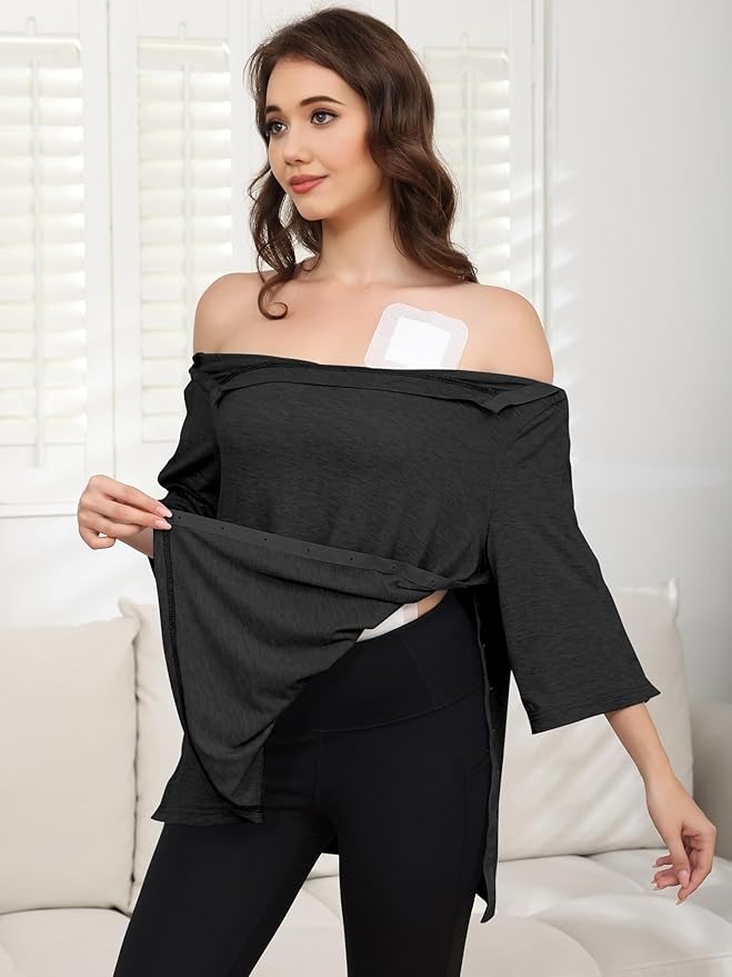 Women's Post Surgery Shirts 3/4 Sleeve Tear Away Snap Front Tops Rotator Cuff Chemo Port Shirts Adaptive Clothing