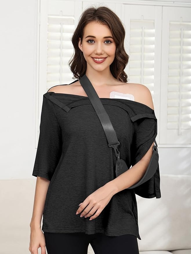 Women's Post Surgery Shirts 3/4 Sleeve Tear Away Snap Front Tops Rotator Cuff Chemo Port Shirts Adaptive Clothing