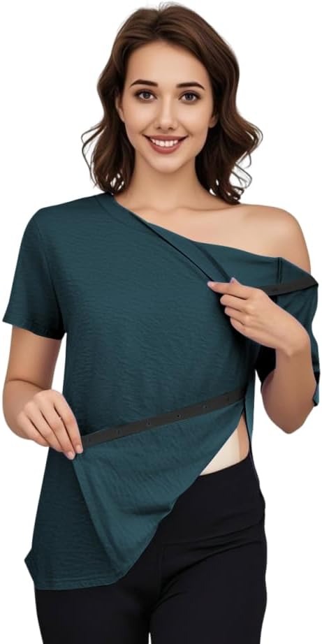 Women's Post Shoulder Surgery Tear Away Shirt Short Sleeve Side Snap Chemo Port Postpartum Shirts Adaptive Clothing