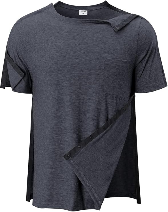 Men's Post Shoulder Surgery Shirts Tear Away Recovery Short Sleeve Full Open Side Snap Chemo Shirt Adaptive Clothing