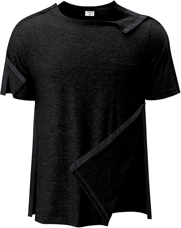 Men's Post Shoulder Surgery Shirts Tear Away Recovery Short Sleeve Full Open Side Snap Chemo Shirt Adaptive Clothing