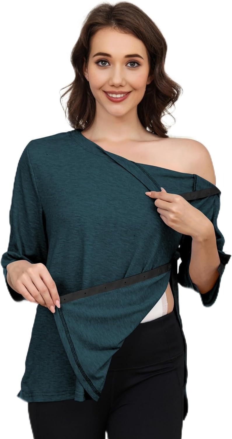 Women's Post Surgery Shirts 3/4 Sleeve Tear Away Snap Front Tops Rotator Cuff Chemo Port Shirts Adaptive Clothing