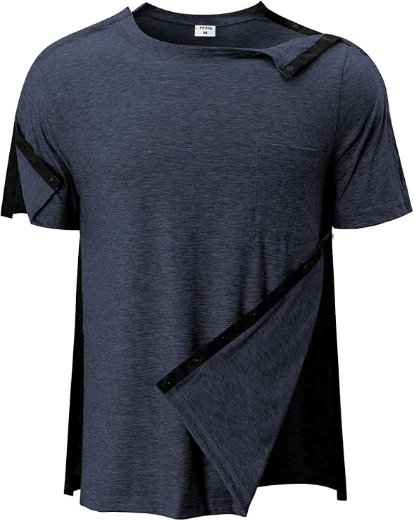 Men's Post Shoulder Surgery Shirts Tear Away Recovery Short Sleeve Full Open Side Snap Chemo Shirt Adaptive Clothing