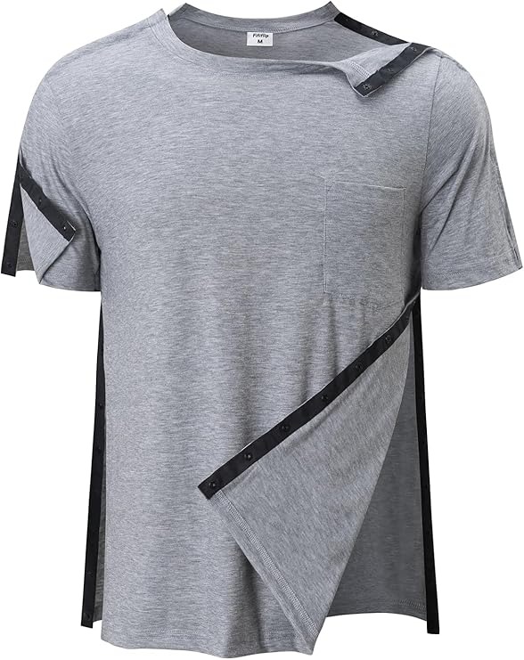 Men's Post Shoulder Surgery Shirts Tear Away Recovery Short Sleeve Full Open Side Snap Chemo Shirt Adaptive Clothing