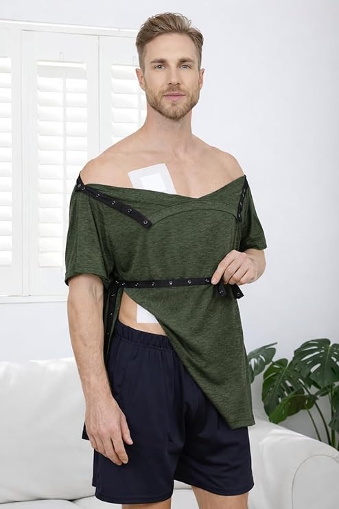 Men's Post Shoulder Surgery Shirts Tear Away Recovery Short Sleeve Full Open Side Snap Chemo Shirt Adaptive Clothing