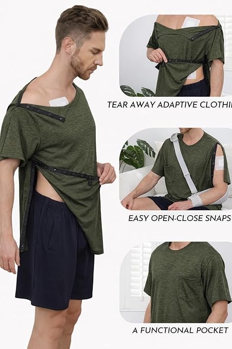 Men's Post Shoulder Surgery Shirts Tear Away Recovery Short Sleeve Full Open Side Snap Chemo Shirt Adaptive Clothing