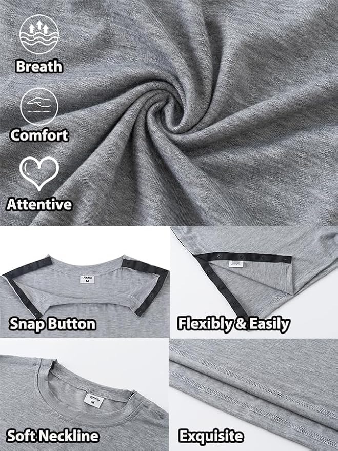 Women's Post Surgery Shirts 3/4 Sleeve Tear Away Snap Front Tops Rotator Cuff Chemo Port Shirts Adaptive Clothing