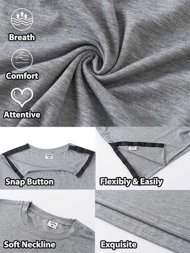 Women's Post Surgery Shirts 3/4 Sleeve Tear Away Snap Front Tops Rotator Cuff Chemo Port Shirts Adaptive Clothing