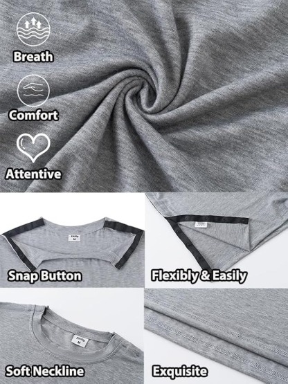 Women's Post Surgery Shirts 3/4 Sleeve Tear Away Snap Front Tops Rotator Cuff Chemo Port Shirts Adaptive Clothing