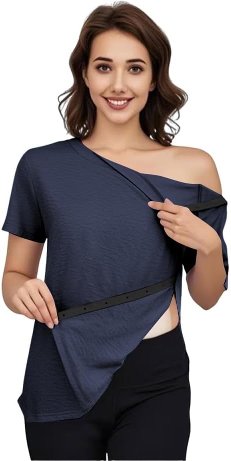 Women's Post Shoulder Surgery Tear Away Shirt Short Sleeve Side Snap Chemo Port Postpartum Shirts Adaptive Clothing