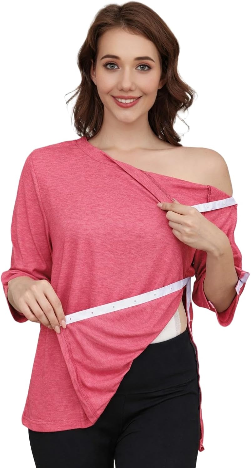 Women's Post Surgery Shirts 3/4 Sleeve Tear Away Snap Front Tops Rotator Cuff Chemo Port Shirts Adaptive Clothing