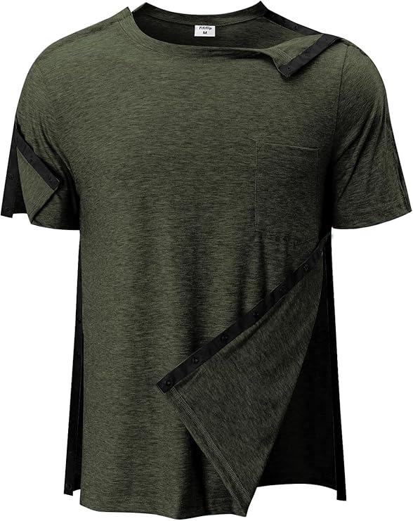 Men's Post Shoulder Surgery Shirts Tear Away Recovery Short Sleeve Full Open Side Snap Chemo Shirt Adaptive Clothing