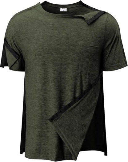 Men's Post Shoulder Surgery Shirts Tear Away Recovery Short Sleeve Full Open Side Snap Chemo Shirt Adaptive Clothing