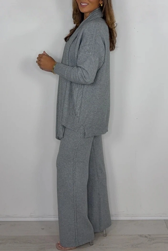 Knit Cable Design Round Neck Top & Trouser Co-ord With Scarf