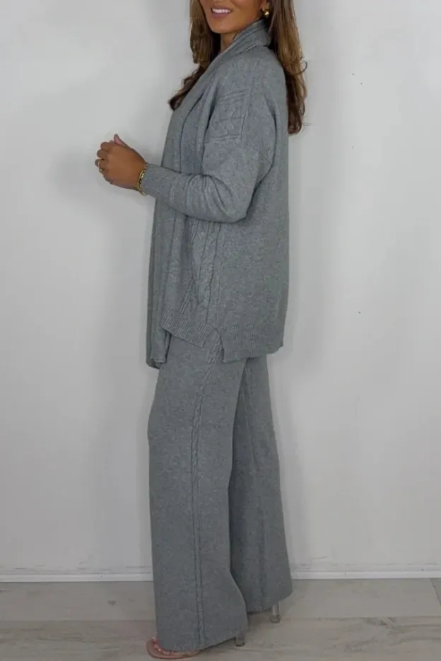 Knit Cable Design Round Neck Top & Trouser Co-ord With Scarf