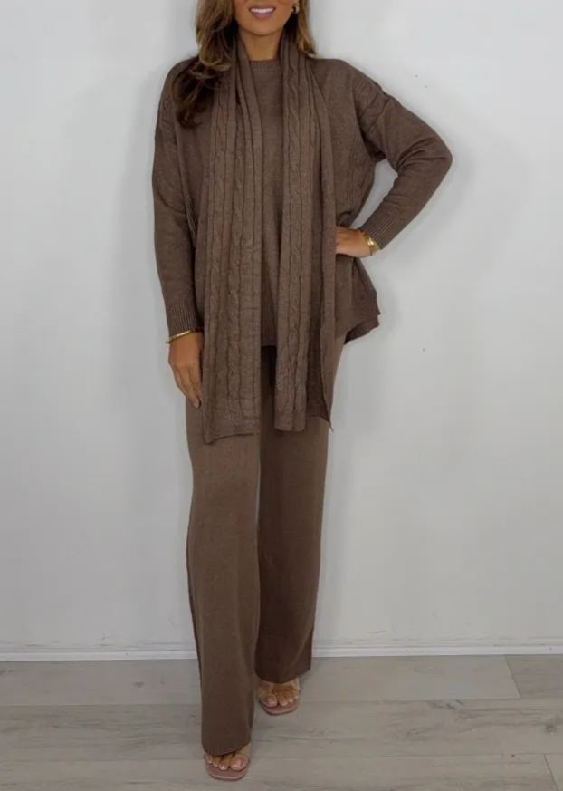 Knit Cable Design Round Neck Top & Trouser Co-ord With Scarf