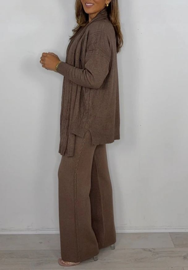 Knit Cable Design Round Neck Top & Trouser Co-ord With Scarf