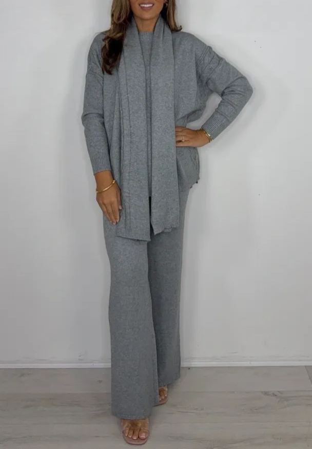 Knit Cable Design Round Neck Top & Trouser Co-ord With Scarf