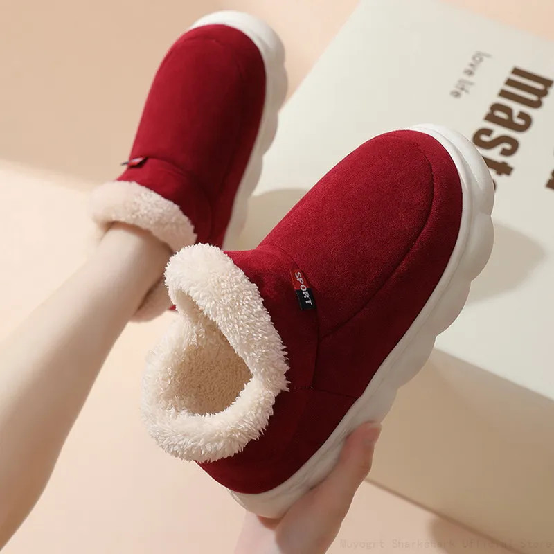 2024 Women Winter Boots Slippers Thickening Plush Warm Snow Boot Couple Thick Heels Cotton Shoes Plus Size Platform Slides Botas