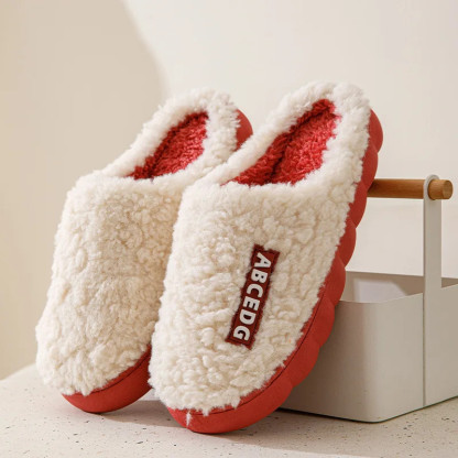 Women Plush Slippers Soft Plush Cotton Slippers Shoes Fashion Color Contrast Non-Slip Floor Indoor Flop Flip Bedroom Warm Winter