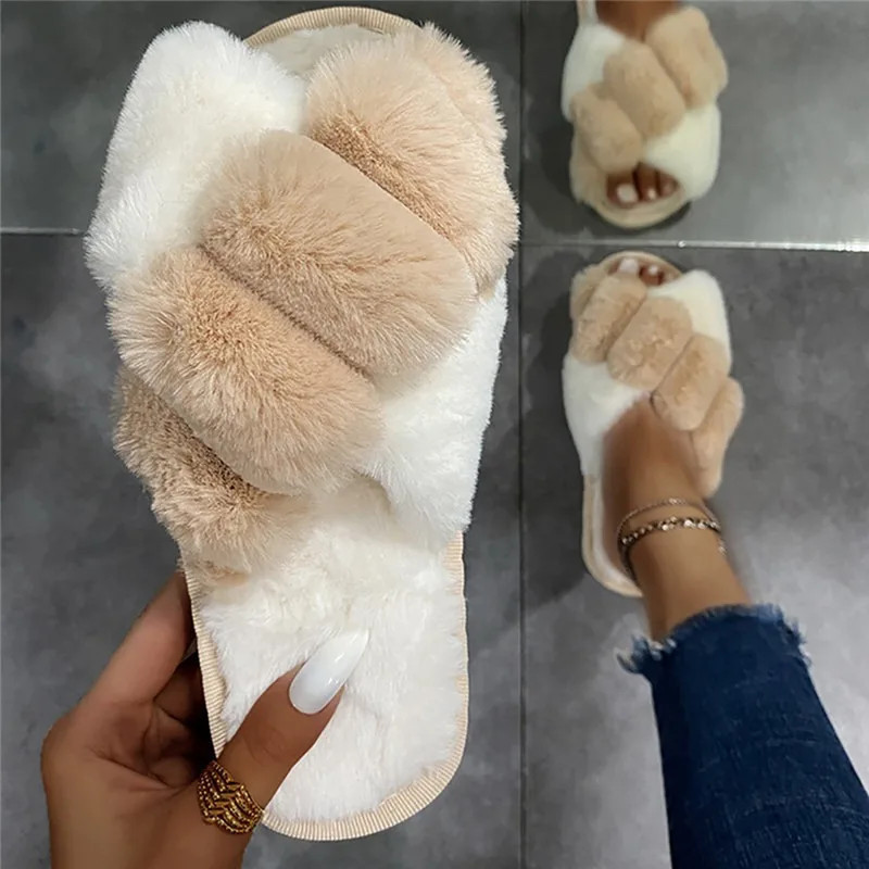 2024 Winter Slippers Women Fashion Cross Fluffy Fur Slipper Home Slides Platform Flat Indoor Floor Flip Flops Women Ladies Shoes