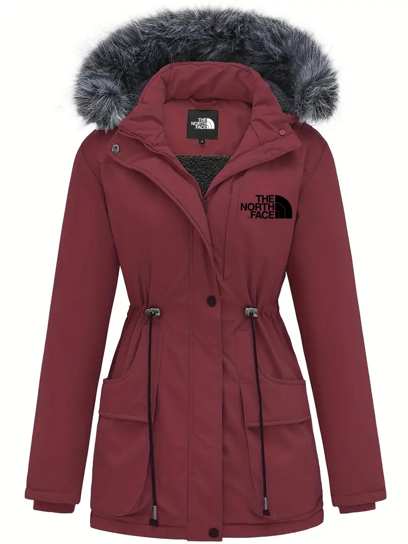 2024 THE NORkhjgTH FACE-Women's Elegant Long Sleeve Fluffy Trim Hooded Coat, Warm Drawstring Outerwear for Cold Weather