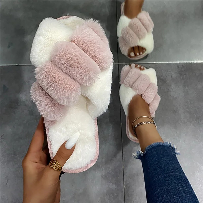 2024 Winter Slippers Women Fashion Cross Fluffy Fur Slipper Home Slides Platform Flat Indoor Floor Flip Flops Women Ladies Shoes