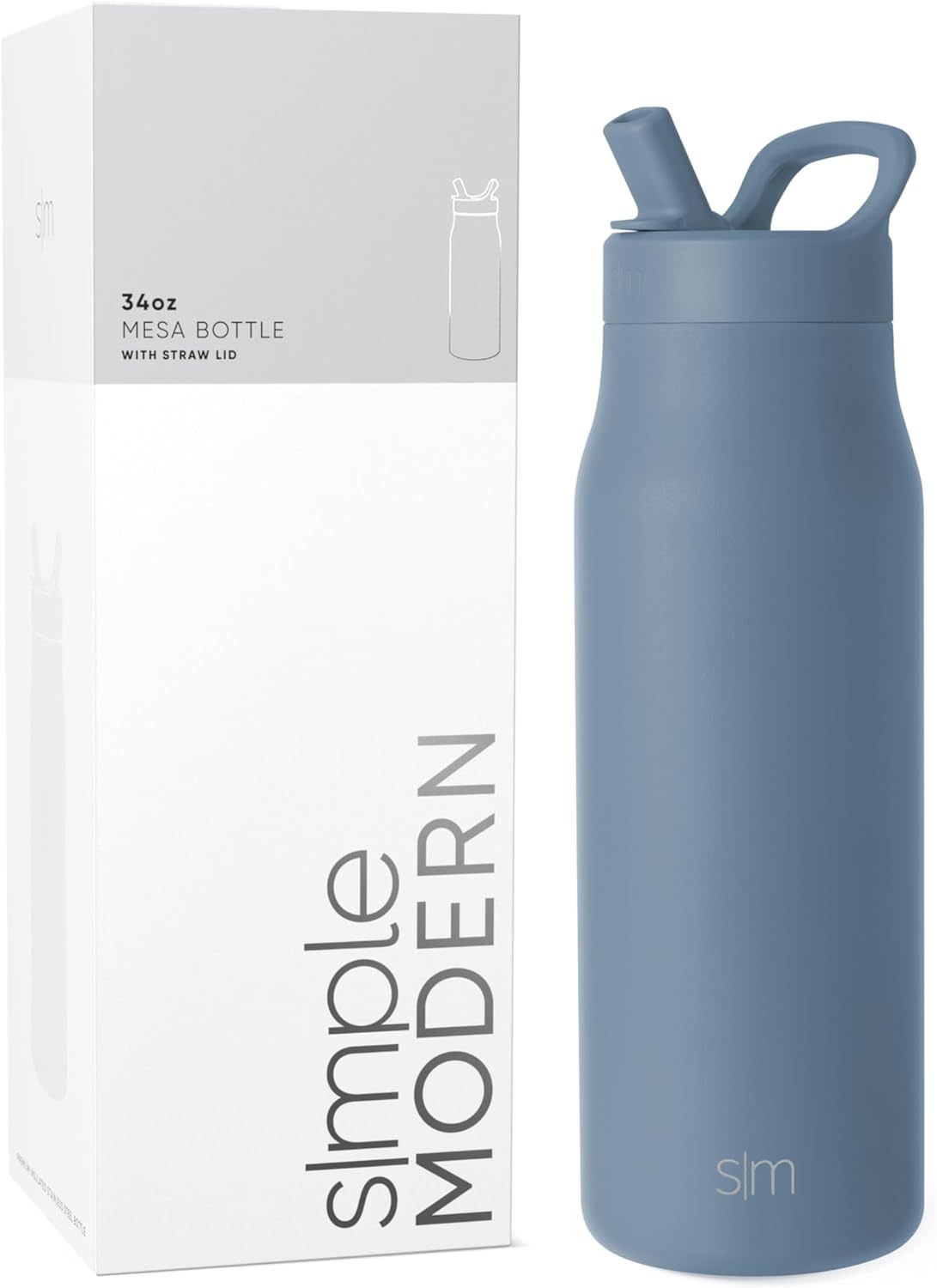 Simkhjgple Modern Water Bottle with Straw lid | Insulated Stainless Steel Thermos | Reusable Travel Water Bottles for Gym & Sports | Leak Proof & BPA Free | Mesa Collection | 34oz, Sea Glass Sage