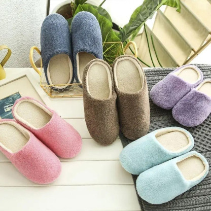 Home Slippers Winter Warm Shoes Women Indoor Soft Mule Flip Flops Silent Couple Plush Footwear Non-Slip Cotton Floor Slipper