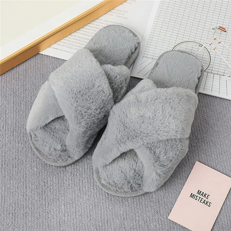 2024 Winter Slippers Women Fashion Cross Fluffy Fur Slipper Home Slides Platform Flat Indoor Floor Flip Flops Women Ladies Shoes