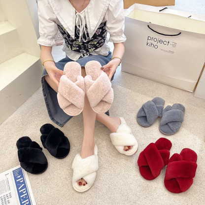 2024 Winter Slippers Women Fashion Cross Fluffy Fur Slipper Home Slides Platform Flat Indoor Floor Flip Flops Women Ladies Shoes
