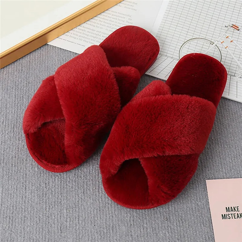 2024 Winter Slippers Women Fashion Cross Fluffy Fur Slipper Home Slides Platform Flat Indoor Floor Flip Flops Women Ladies Shoes