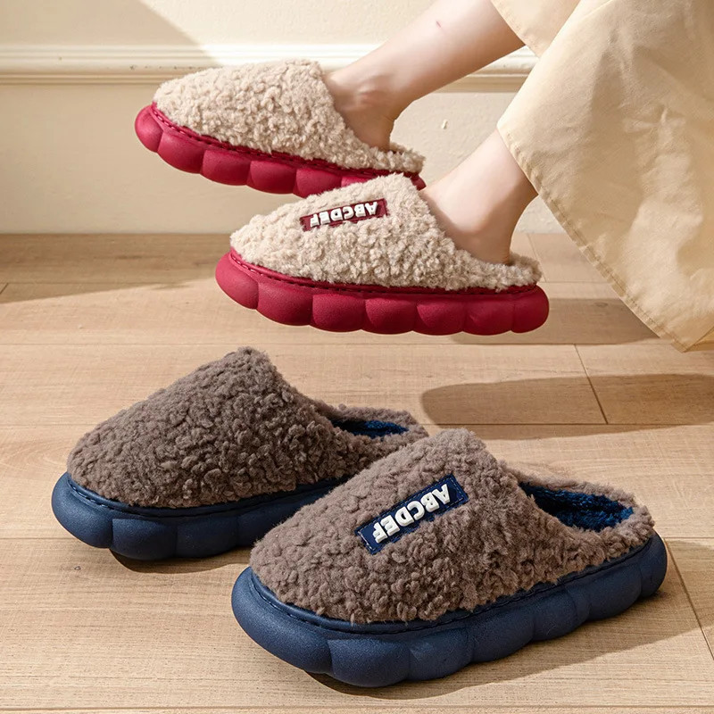 Women Plush Slippers Soft Plush Cotton Slippers Shoes Fashion Color Contrast Non-Slip Floor Indoor Flop Flip Bedroom Warm Winter