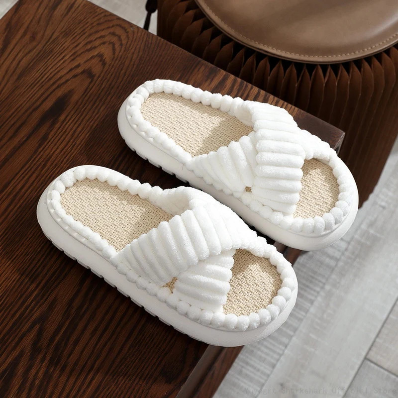 2024 New Fashion Cross Cotton Linen Slippers Women Autumn Home Thick Platform Flat Slides Floor Mute Slippers Comfort Flip Flops