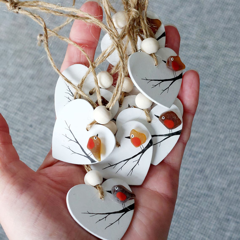 Sea Glass Robin Heart Decoration