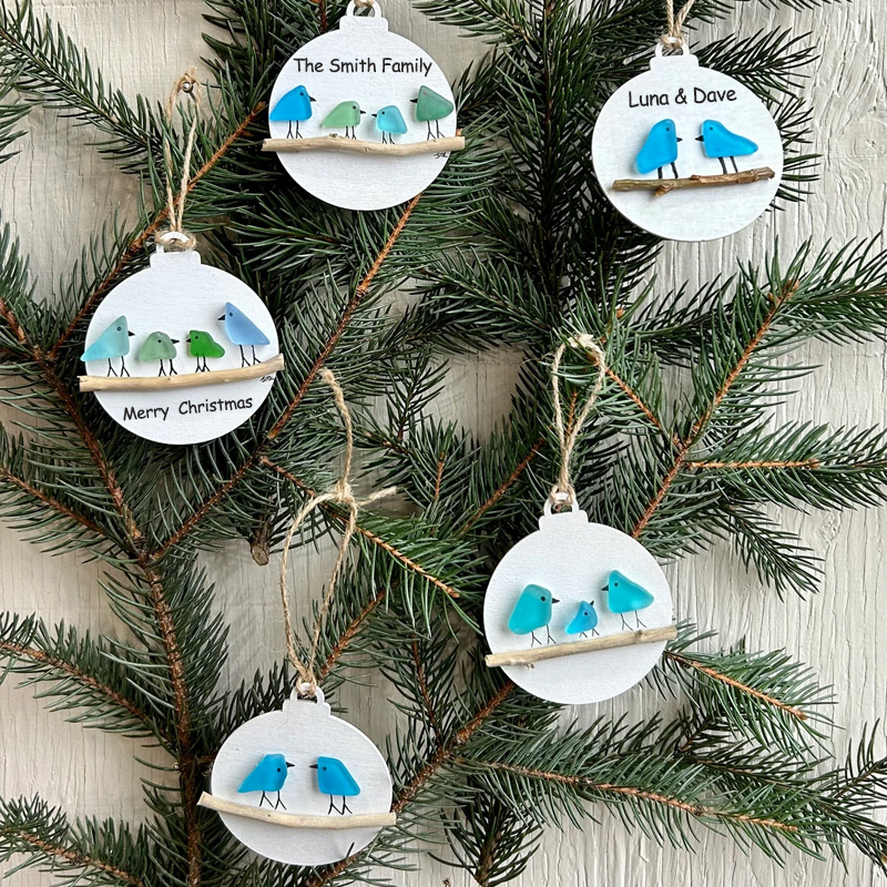 Handmade Family of Sea Glass Birds Christmas Ornament