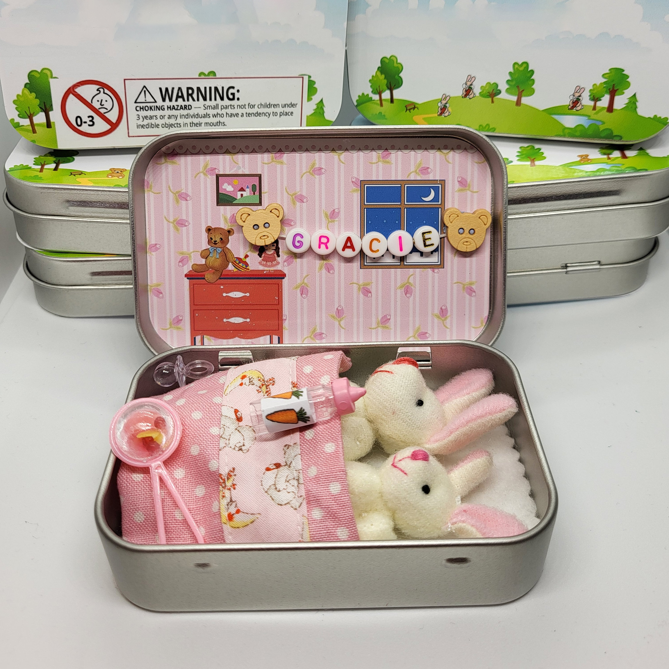 Custom Bunny mummy tiny plush pocket tin